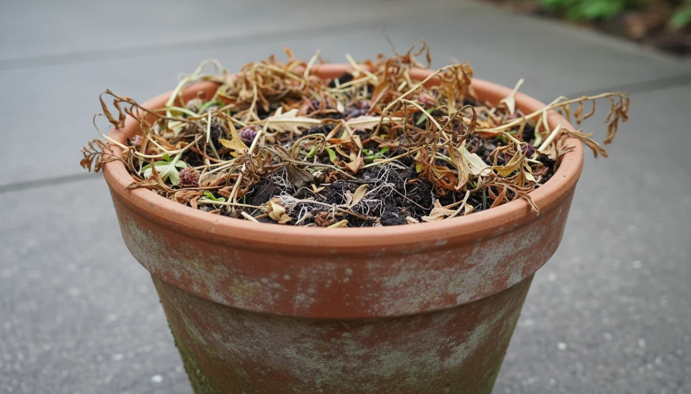 Damp, chopped fall plant debris covers the soil in a terracotta pot on a patio, showing recent watering.