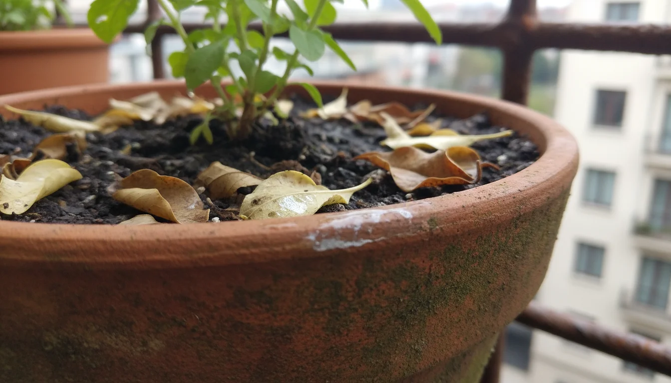 Close-up of damp, decaying leaves at the base of a container plant in a terracotta pot on a balcony, with a faint slug trail.