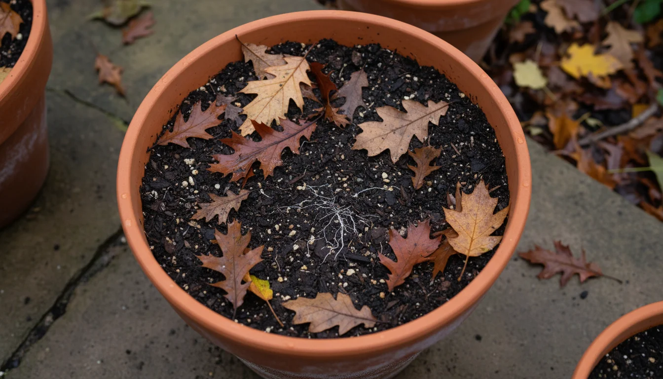 Close-up of damp potting soil in a terracotta container, covered with partially decomposed autumn leaves.