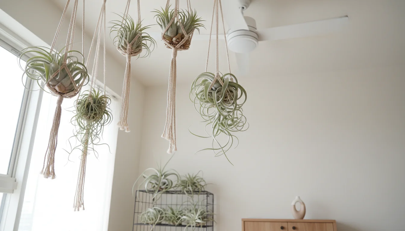 Damp Tillandsia air plants hang and rest on a shelf, with a gently spinning ceiling fan above, in a bright apartment setting.