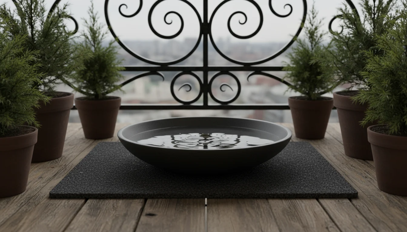 A dark ceramic bird bath bowl with dark river rocks inside, placed on a cork mat on a wooden balcony in winter.