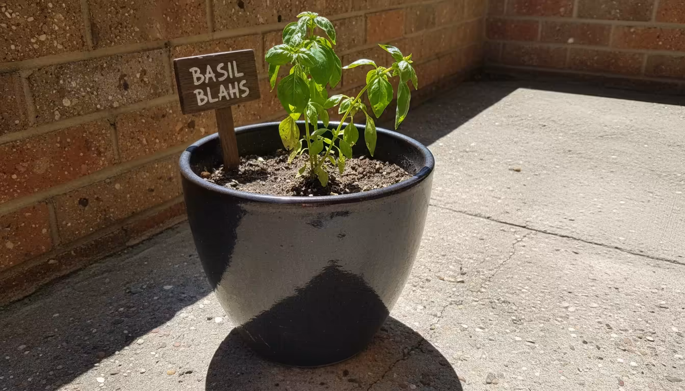 Dark ceramic pot with a drooping basil plant on a hot, sun-baked concrete balcony floor next to a brick wall.