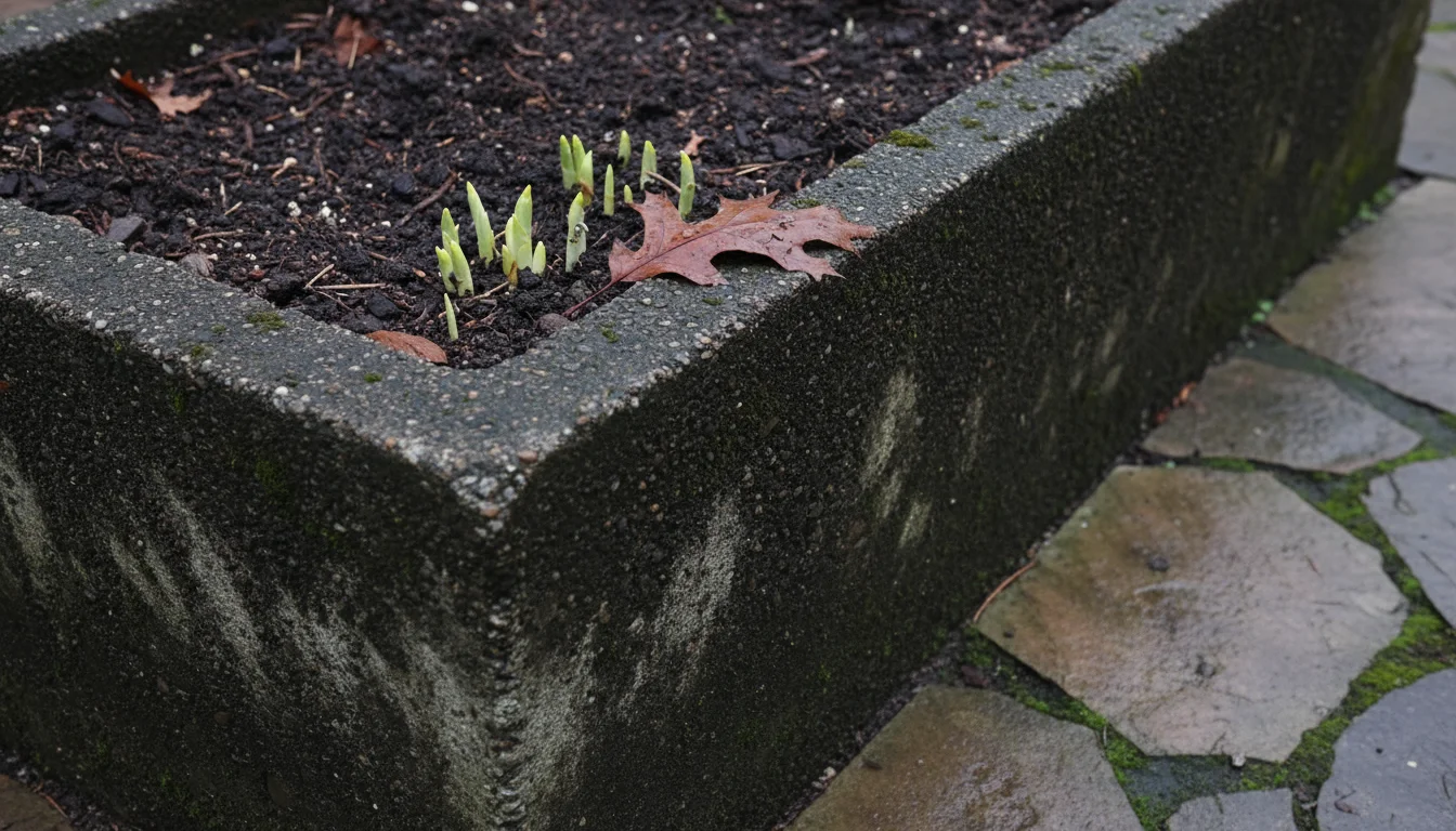 Dark concrete pot on flagstone patio with sparse, pale, leggy bulb sprouts, some slightly yellowed, and a damp leaf on the soil.