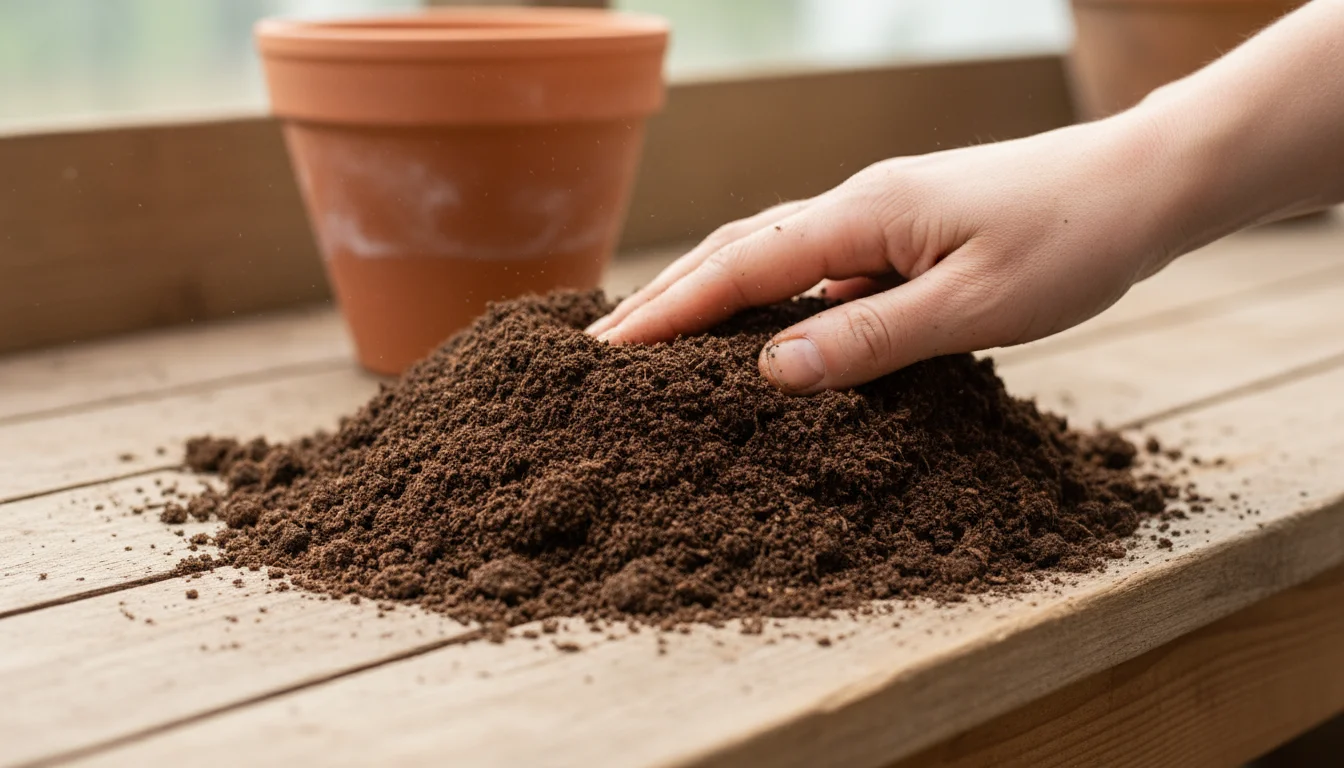 Close-up of dark, crumbly finished compost on a weathered wooden bench, a gardener's hand gently pressing it, an empty terracotta pot in background.