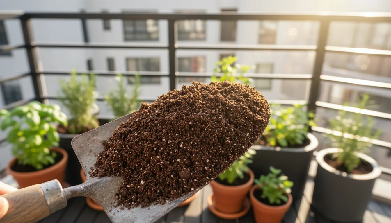 A close-up of dark, finely crumbled compost on a metal trowel, with blurry potted plants on an urban balcony in golden light.