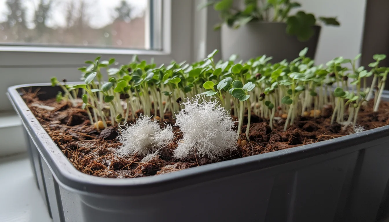 A dark gray tray of young broccoli microgreens showing distinct white, fuzzy mold on the coco coir soil.
