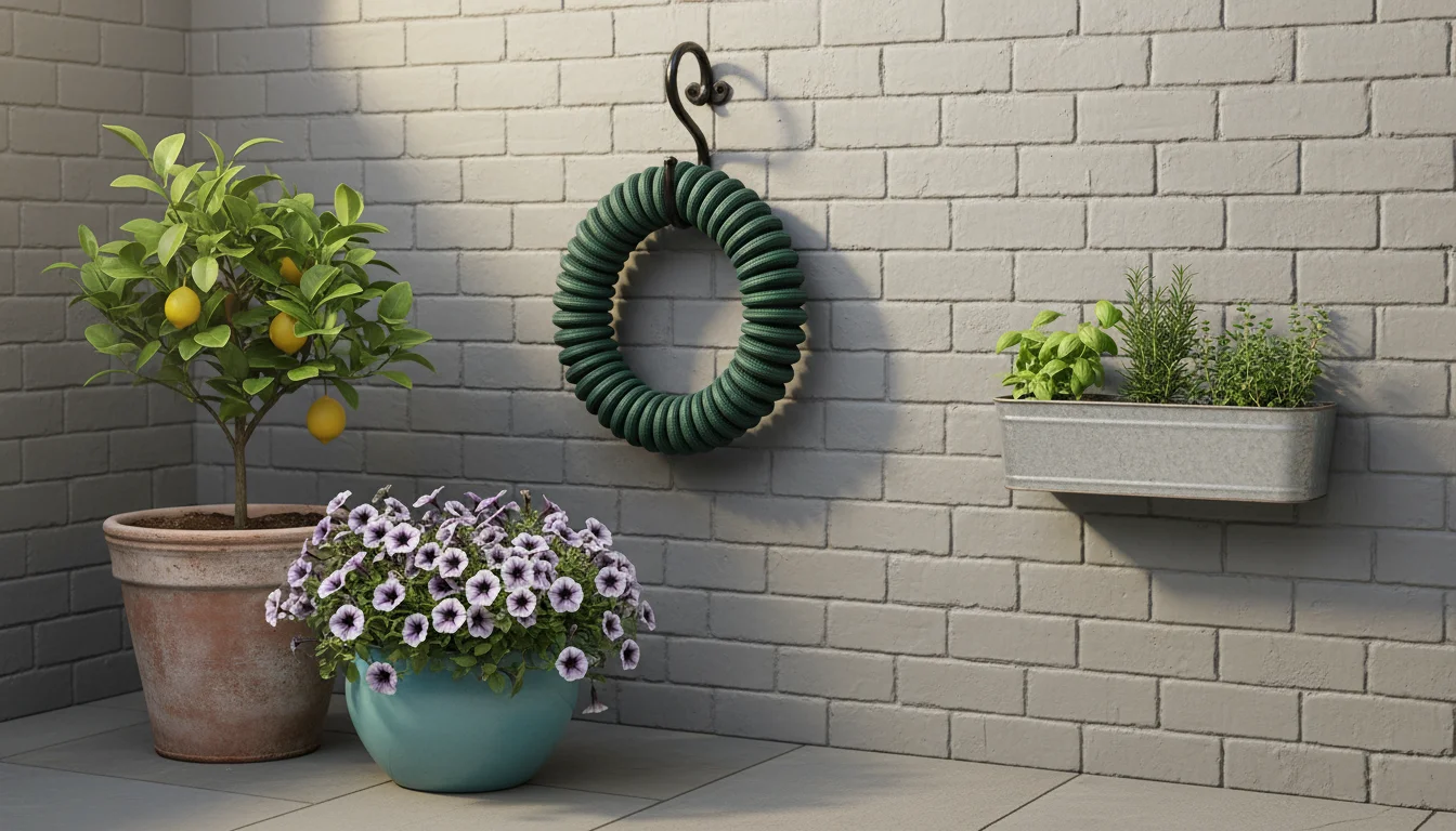 Dark green expandable hose neatly coiled and hanging on a black decorative hook on a light gray patio wall, surrounded by potted plants.