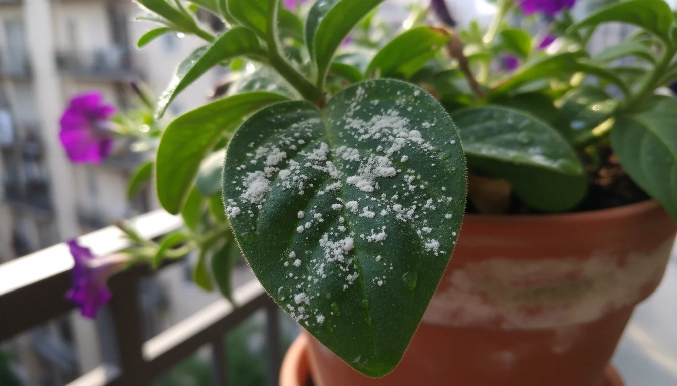 Dark green petunia leaf covered in fuzzy white powdery mildew patches in a terracotta pot on a balcony.