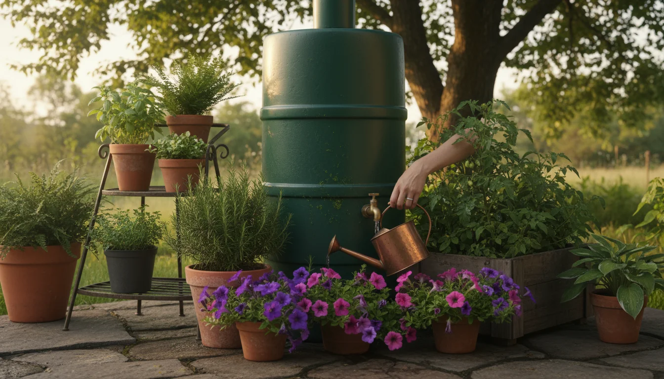 Dark green rain barrel in a cozy, sun-dappled patio garden corner, with hands filling a galvanized watering can for lush container plants.
