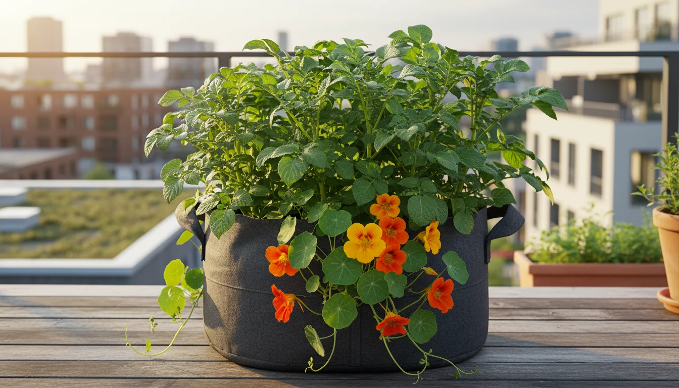 A dark grey fabric grow bag brimming with potato foliage has integrated orange nasturtium flowers at its edge and a yellow marigold in a nearby pot on