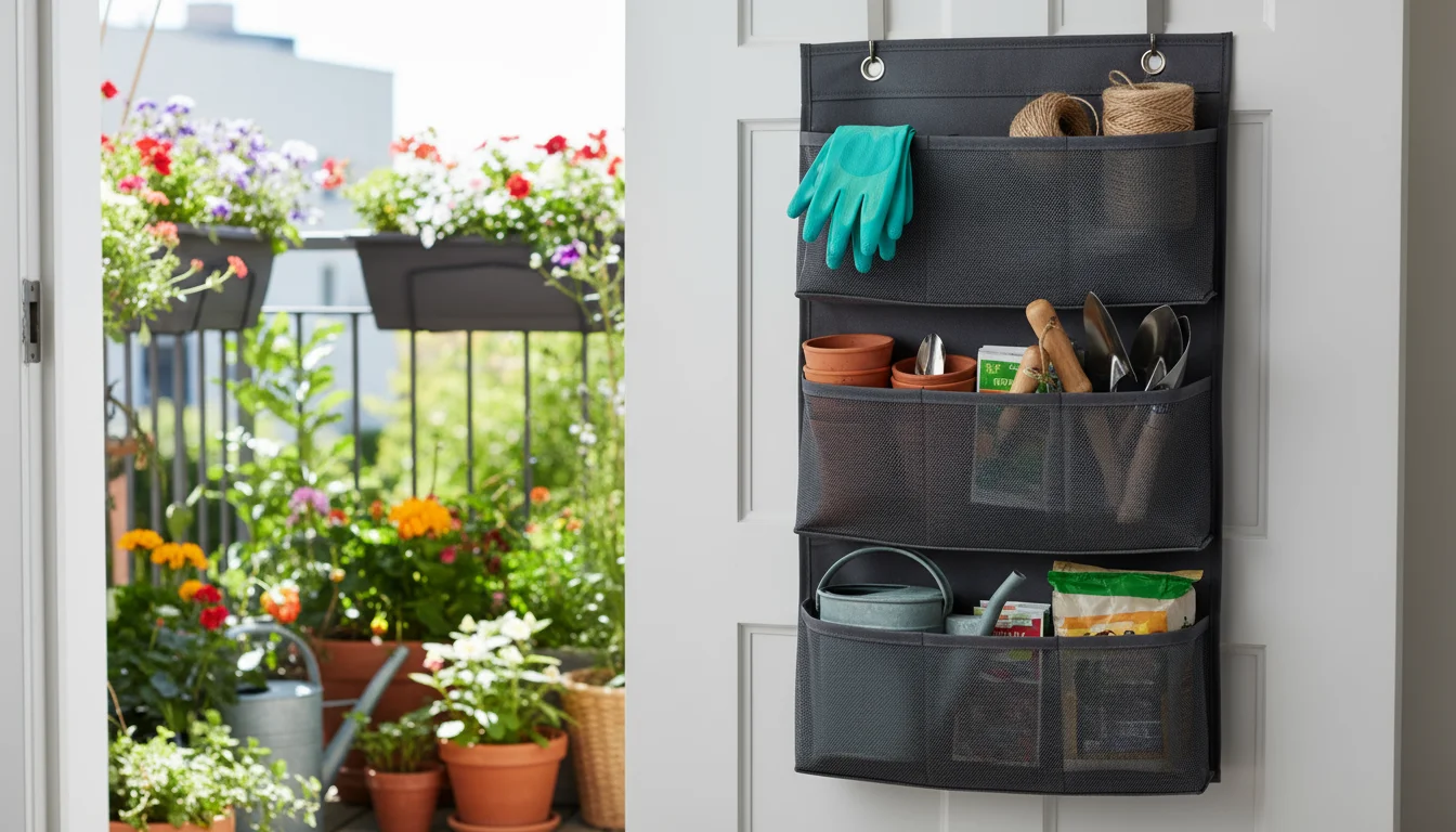 Dark grey fabric over-the-door organizer on a white utility door, holding teal gloves, seed packets, small tools, with a sunlit balcony garden visible