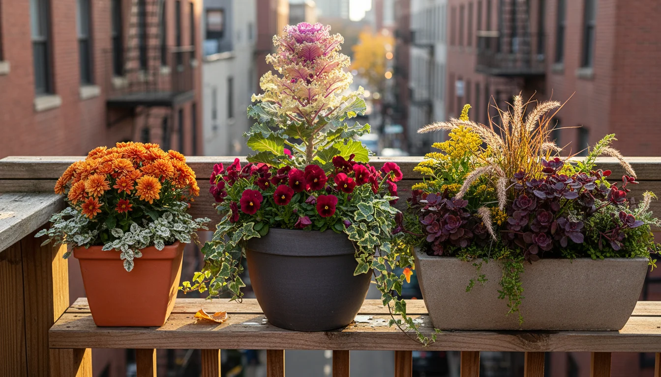 A dark grey fiberclay pot on a wooden balcony railing, featuring a fall planter with purple and cream ornamental kale, crimson pansies, variegated Heu