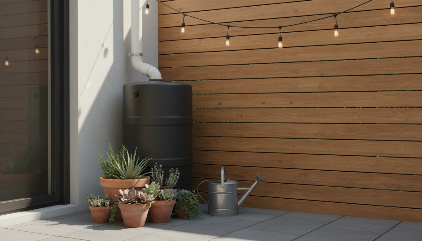 A dark grey rain barrel on an urban patio collects rainwater from a downspout, surrounded by thriving potted succulents and a watering can.