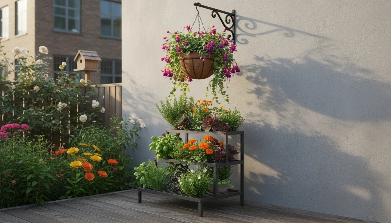 Dark grey tiered plant stand on a small patio with herbs, marigolds, and succulents, plus a hanging basket of fuchsia and ivy.