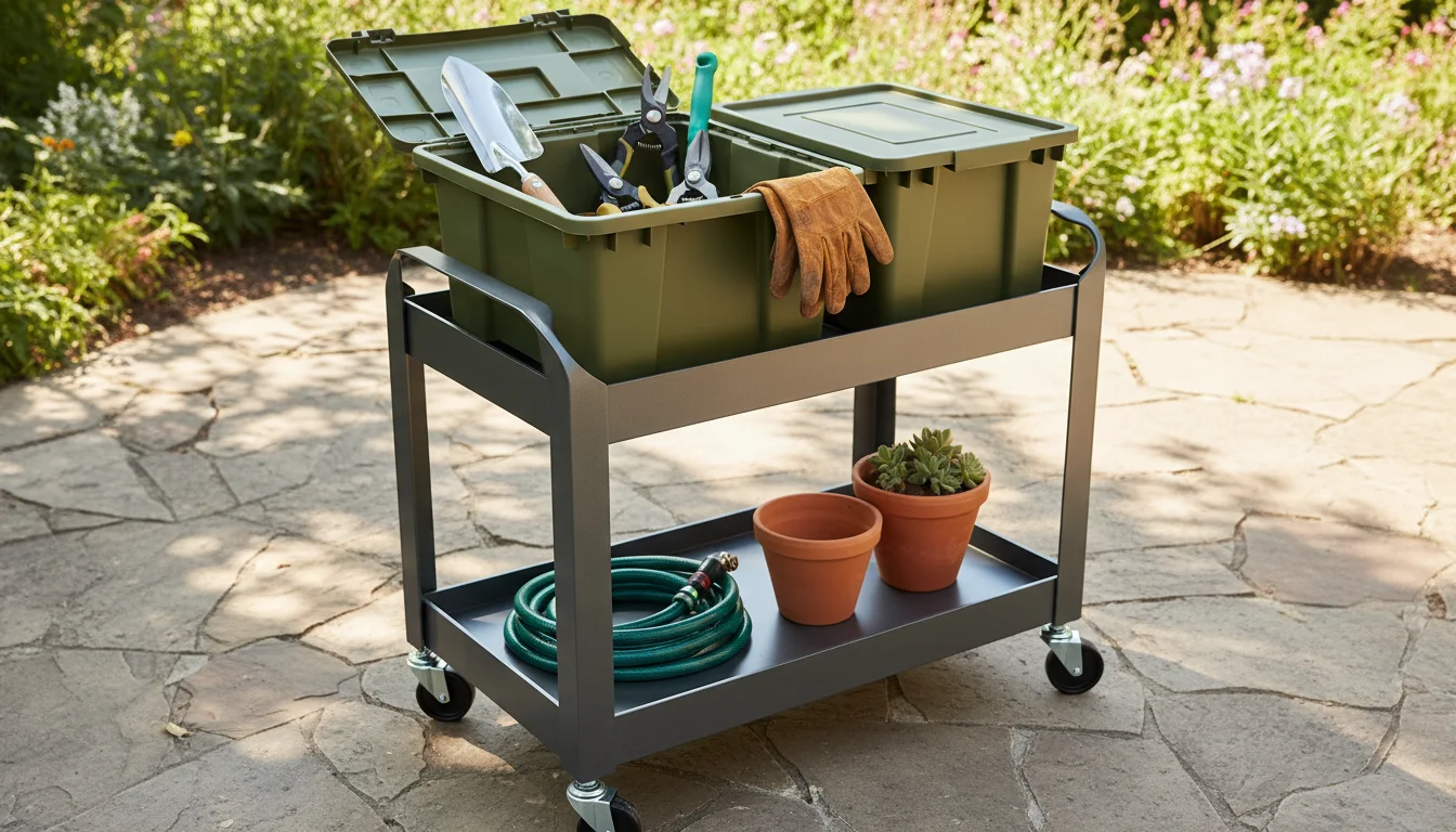 A dark grey utility cart on a patio, with an open bin of gardening tools, a closed bin, gloves, and a watering can on its shelves, bathed in golden ho