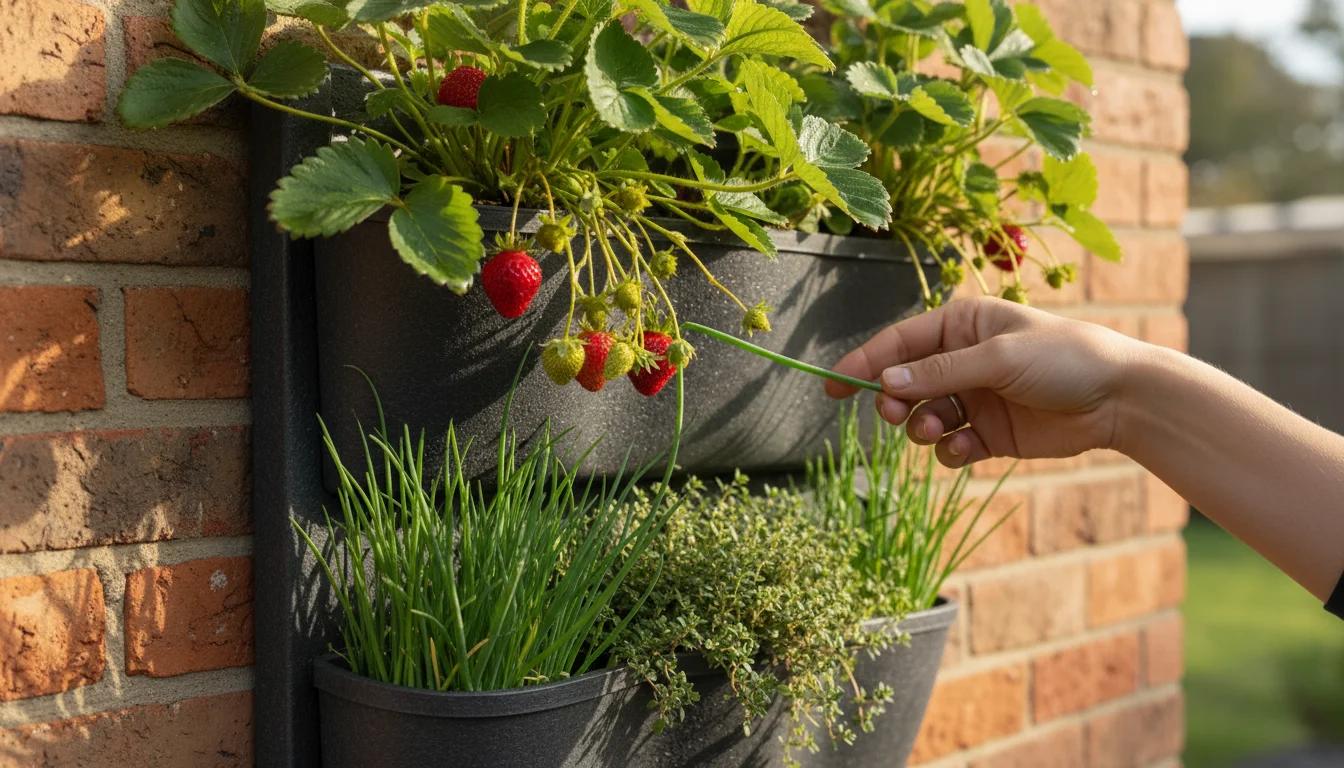 Close-up of a dark grey vertical planter against a brick wall, with strawberries in upper pockets and chives/thyme below. A hand touches chives.