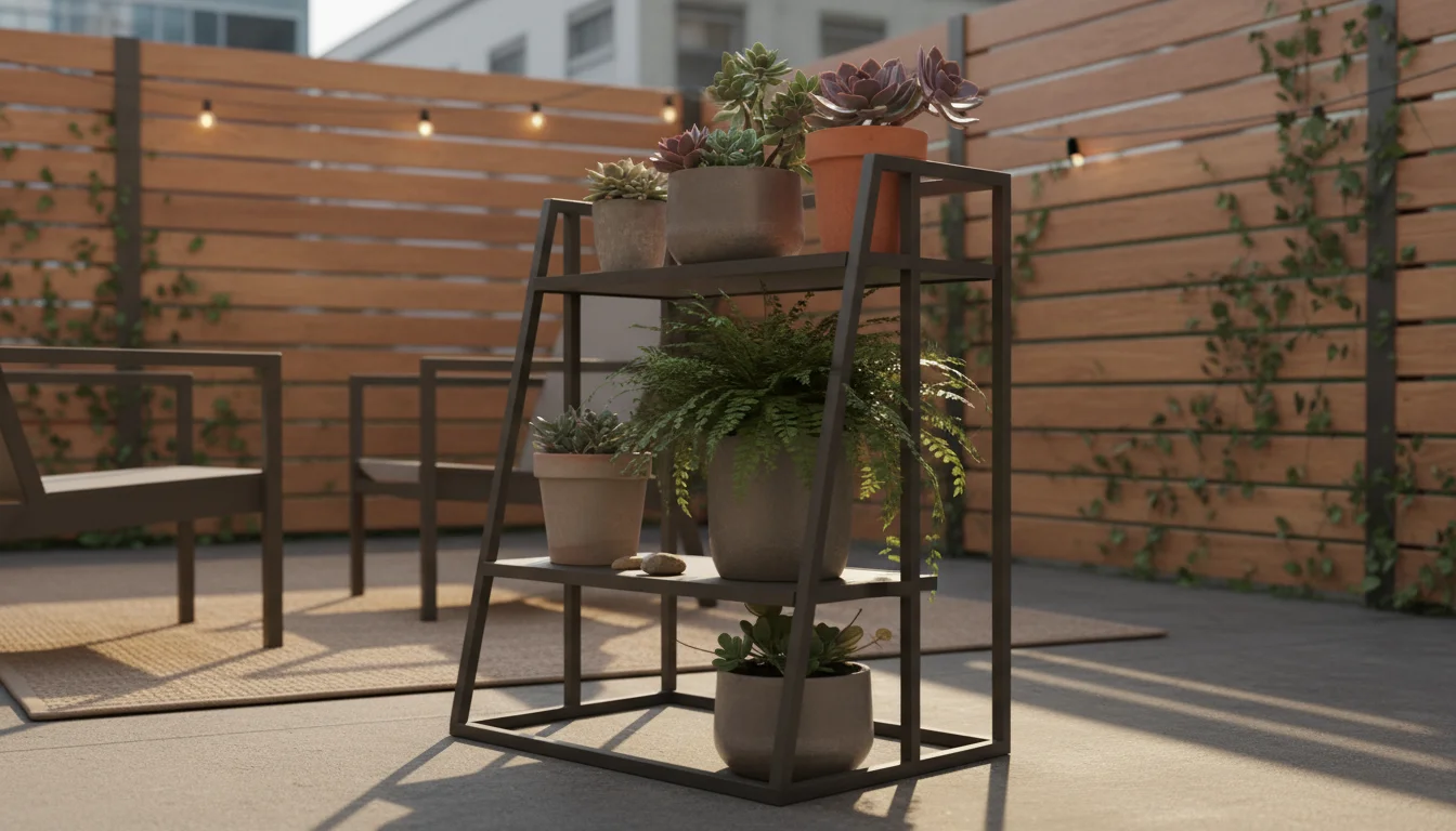 Dark metal tiered plant stand holding various small, low-maintenance potted plants on a calm, sunlit patio.