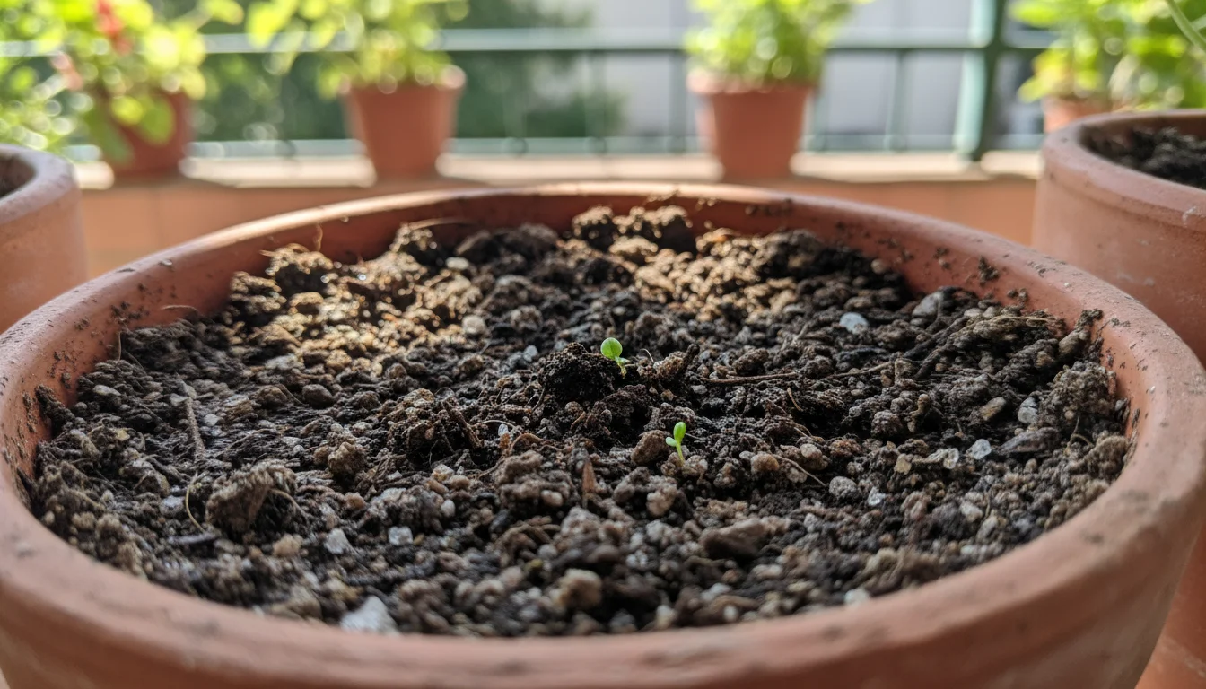 Close-up of dark, moist potting mix in a terracotta pot under dappled sunlight, showing healthy soil texture.