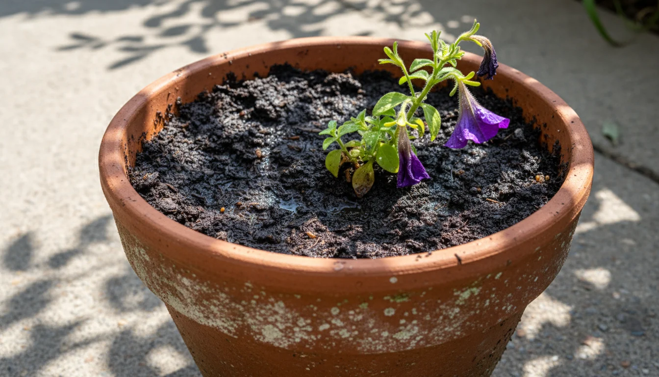 Close-up of very dark, wet soil in a terracotta pot with a green algal film on the surface and a tiny blurred gnat above.