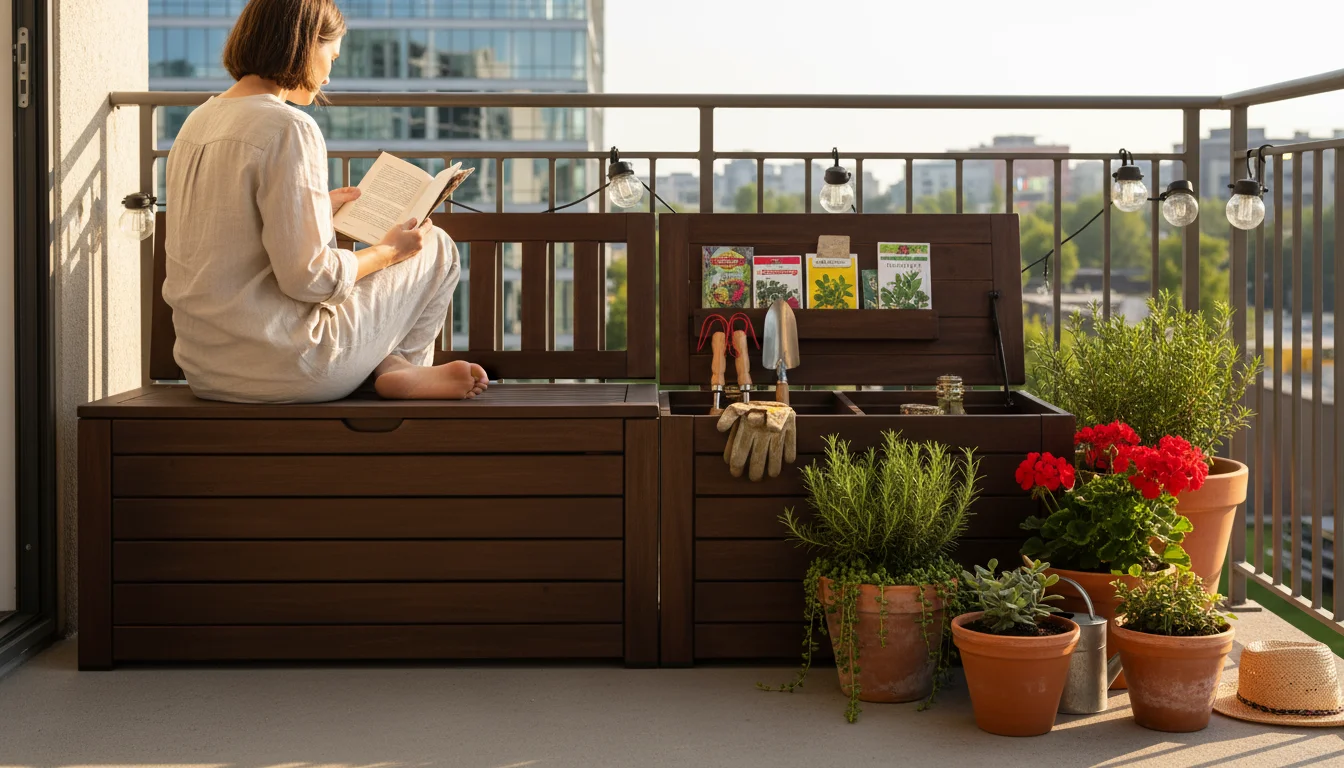 Dark wooden patio storage bench on a sunny apartment balcony, with a person sitting and the lid open to reveal garden tools.