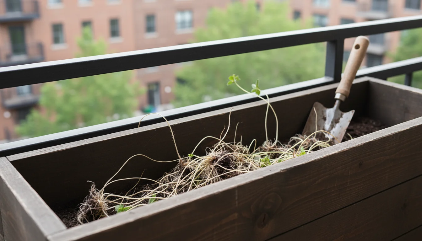 Dark wooden window box on a balcony railing, filled with bare-root strawberry plants and a small trowel.