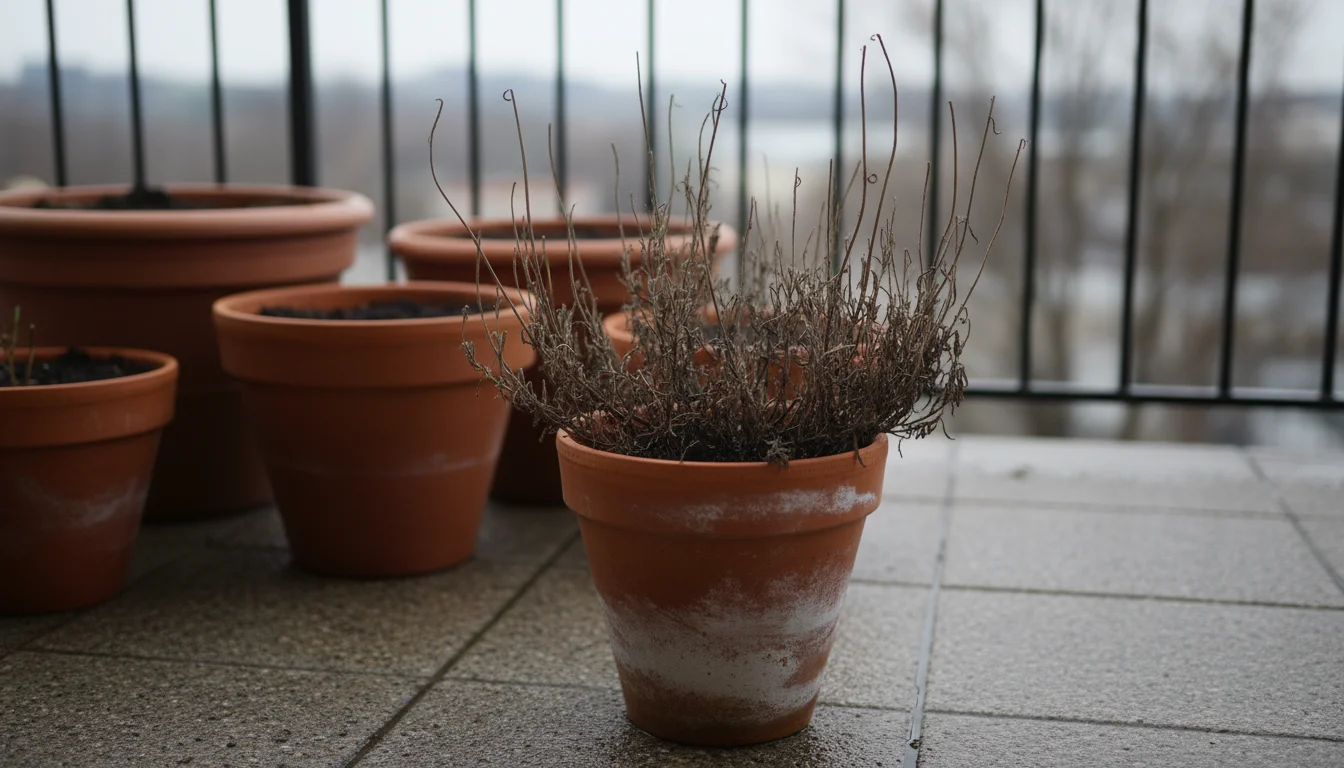 A dead, brittle brown lavender plant in a terracotta pot on a damp urban balcony, surrounded by other dormant pots.