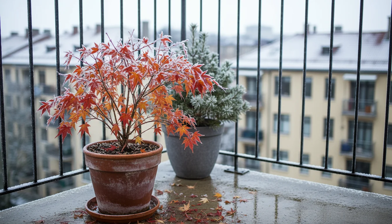 Deciduous Japanese maple in a pot shedding red and orange leaves on a frosty balcony, next to a smaller evergreen conifer.