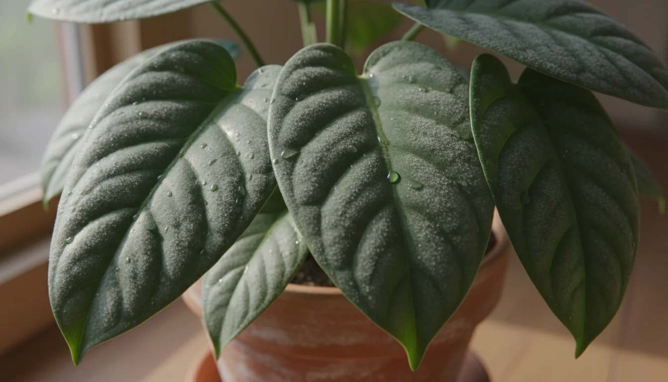 Close-up of deep green houseplant leaves covered in a visible, fine layer of light grey dust, appearing dull.