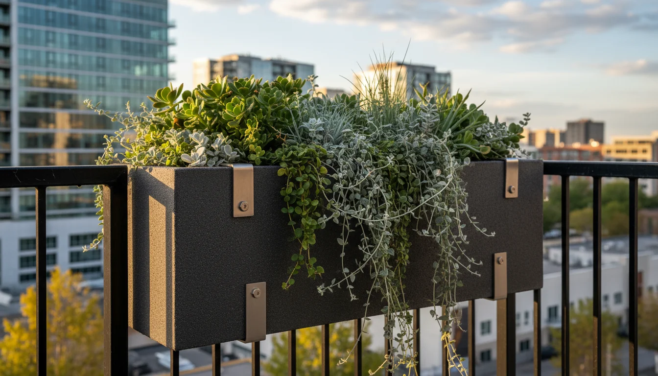 Deep grey planter box with fall plants like ornamental kale and sedum bolted to a black metal balcony railing using stainless steel L-brackets, under 
