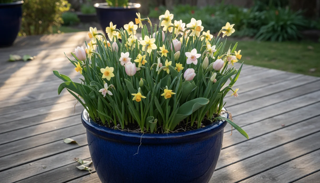 Deep indigo pot on a wooden deck, packed with spring bulbs. Numerous tulips and daffodils appear small and pale, indicating overcrowding.