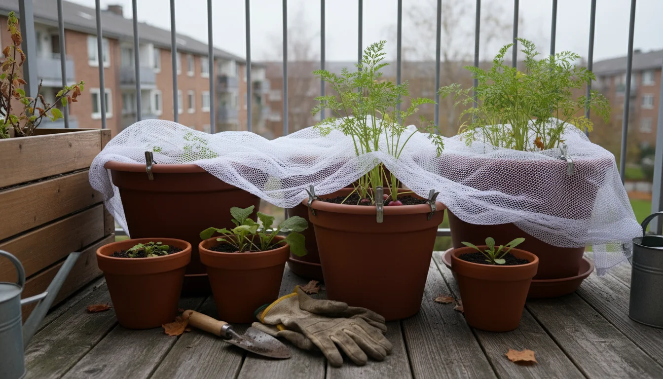 Deep pots and a planter on a balcony, partially covered with a white frost blanket. Worn gardening gloves rest nearby.