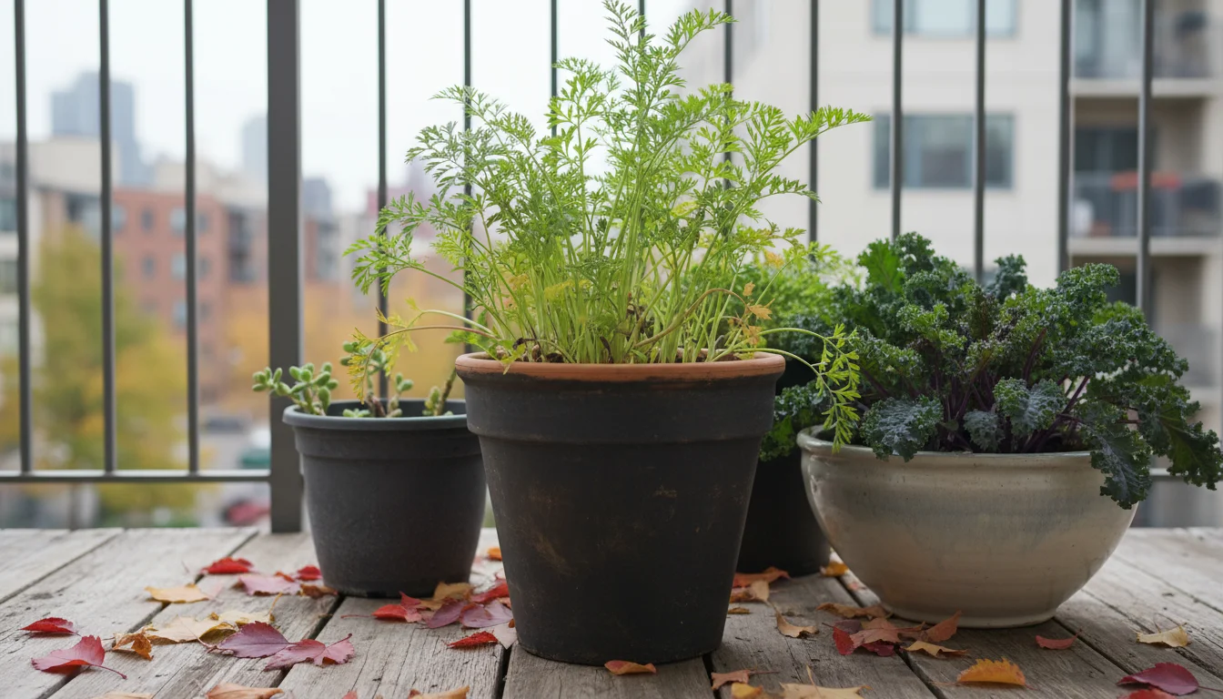 A deep terracotta pot with carrot tops next to a wider ceramic pot with kale plants on a balcony, with a plastic pot in the background.