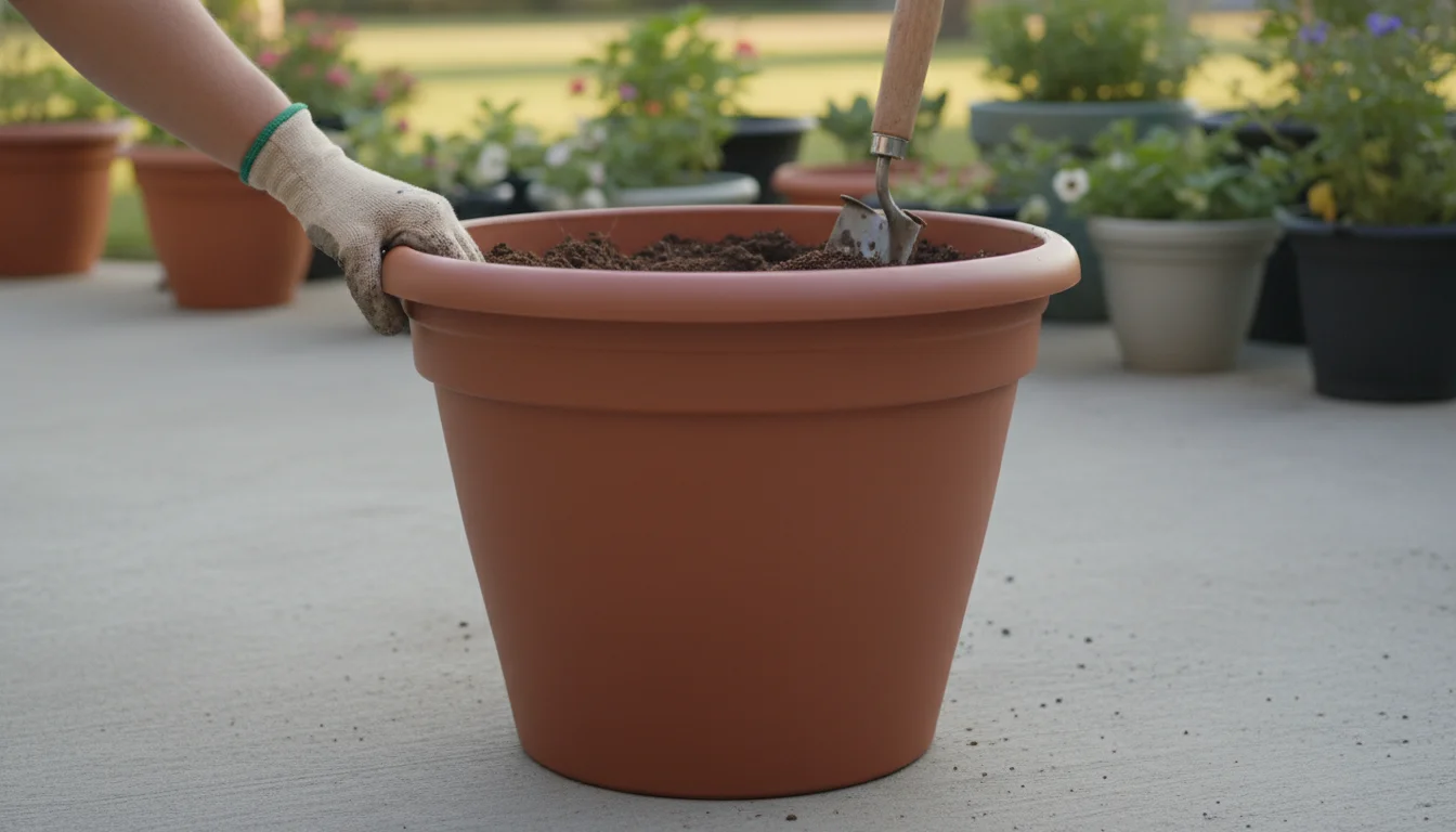 Deep terracotta pot on a concrete patio, a gloved hand resting on its rim, emphasizing its substantial size and depth.
