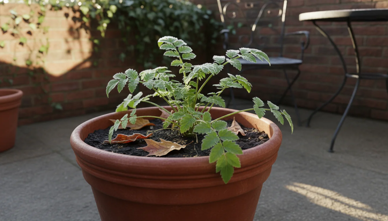 Deep terracotta pot on a small patio with vibrant green parsnip foliage, lightly dusted with frost and scattered autumn leaves.