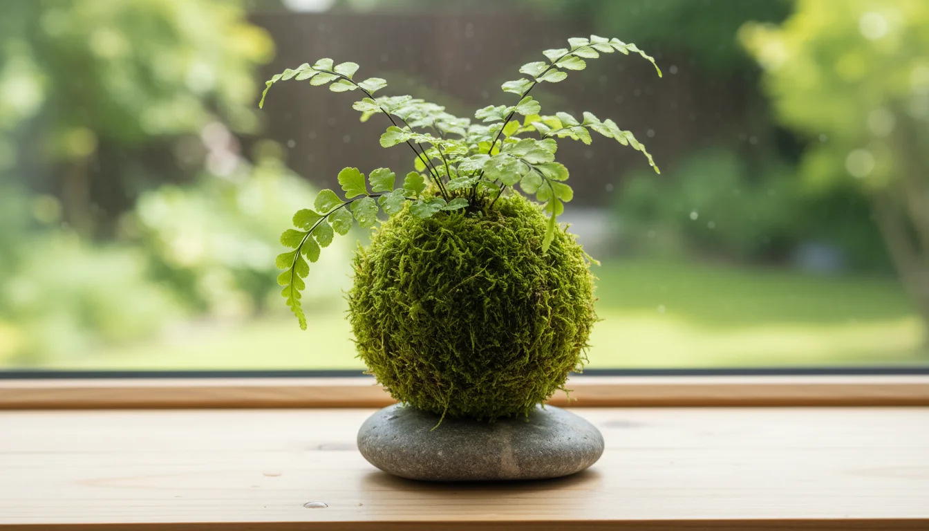 A delicate maidenhair fern kokedama, a Japanese moss ball, resting on a smooth grey stone on a wooden windowsill.