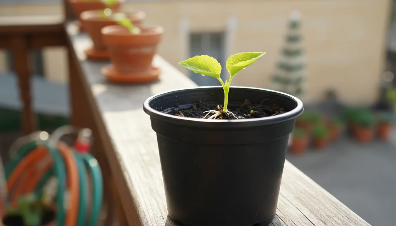 Close-up of a delicate, newly potted plant cutting with tiny unfurling leaves on a wooden balcony railing, bathed in soft morning light.