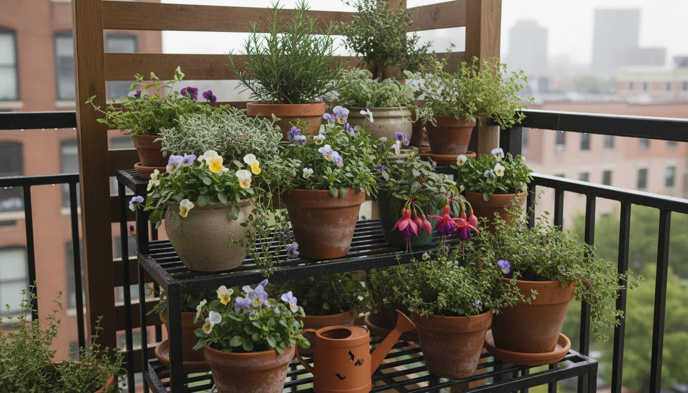 Dense cluster of potted plants on a tiered stand on a balcony. Smaller plants are nestled among larger ones, their foliage creating a protective canop