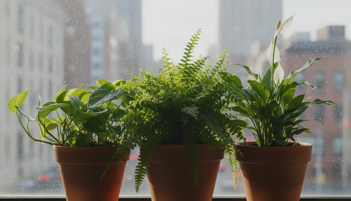 A dense cluster of various potted plants, including a fern, pothos, and peace lily, arranged closely on an urban apartment windowsill.