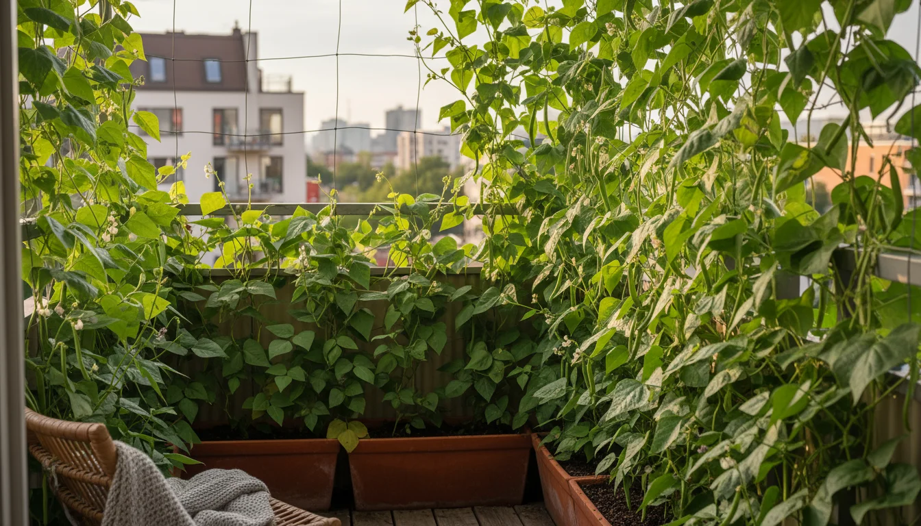 Dense green vining pole beans growing on a trellis on a balcony, blurring the view of distant buildings, creating privacy.