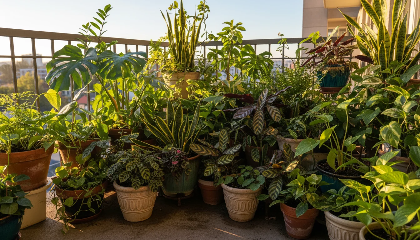 Close-up of a dense grouping of assorted green and patterned houseplants in terracotta and ceramic pots on a bright balcony.