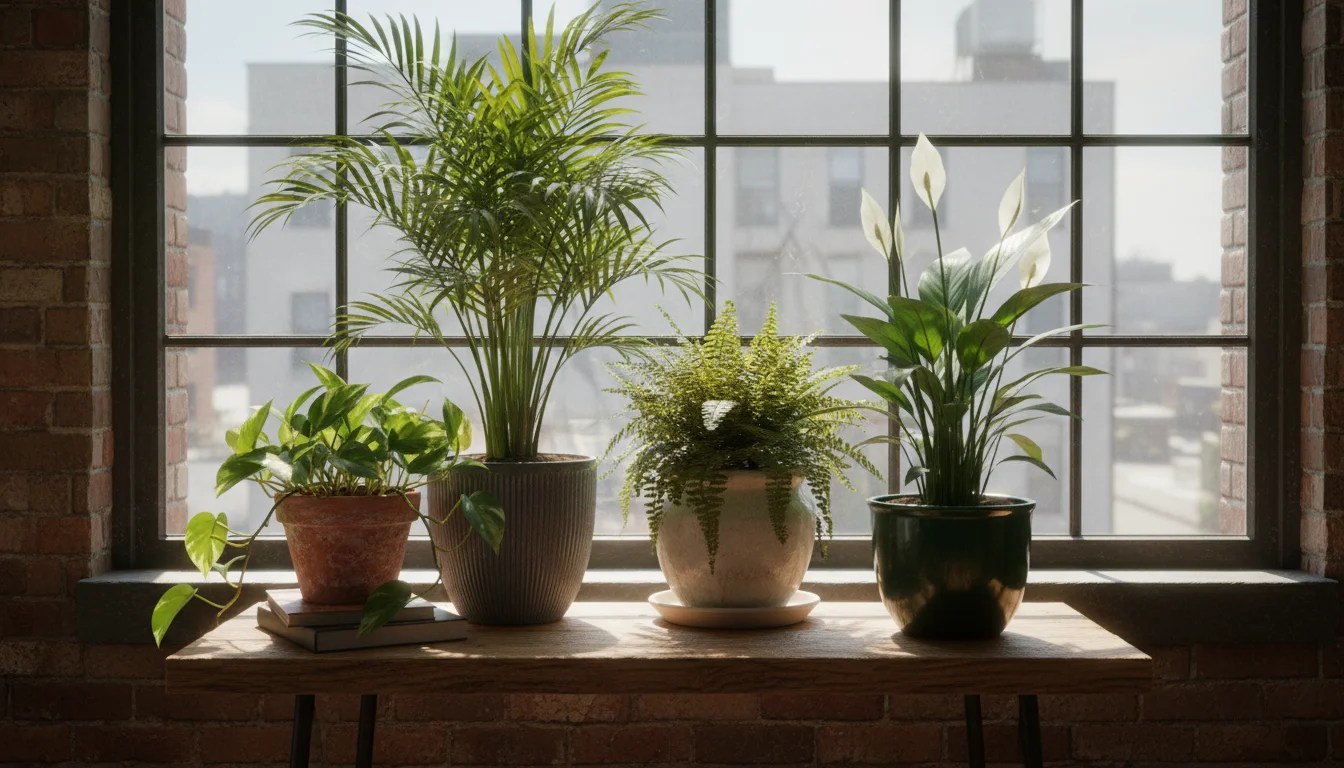 A dense grouping of various healthy houseplants on a wooden side table next to a window. Includes a parlor palm, pothos, Boston fern, and peace lily i
