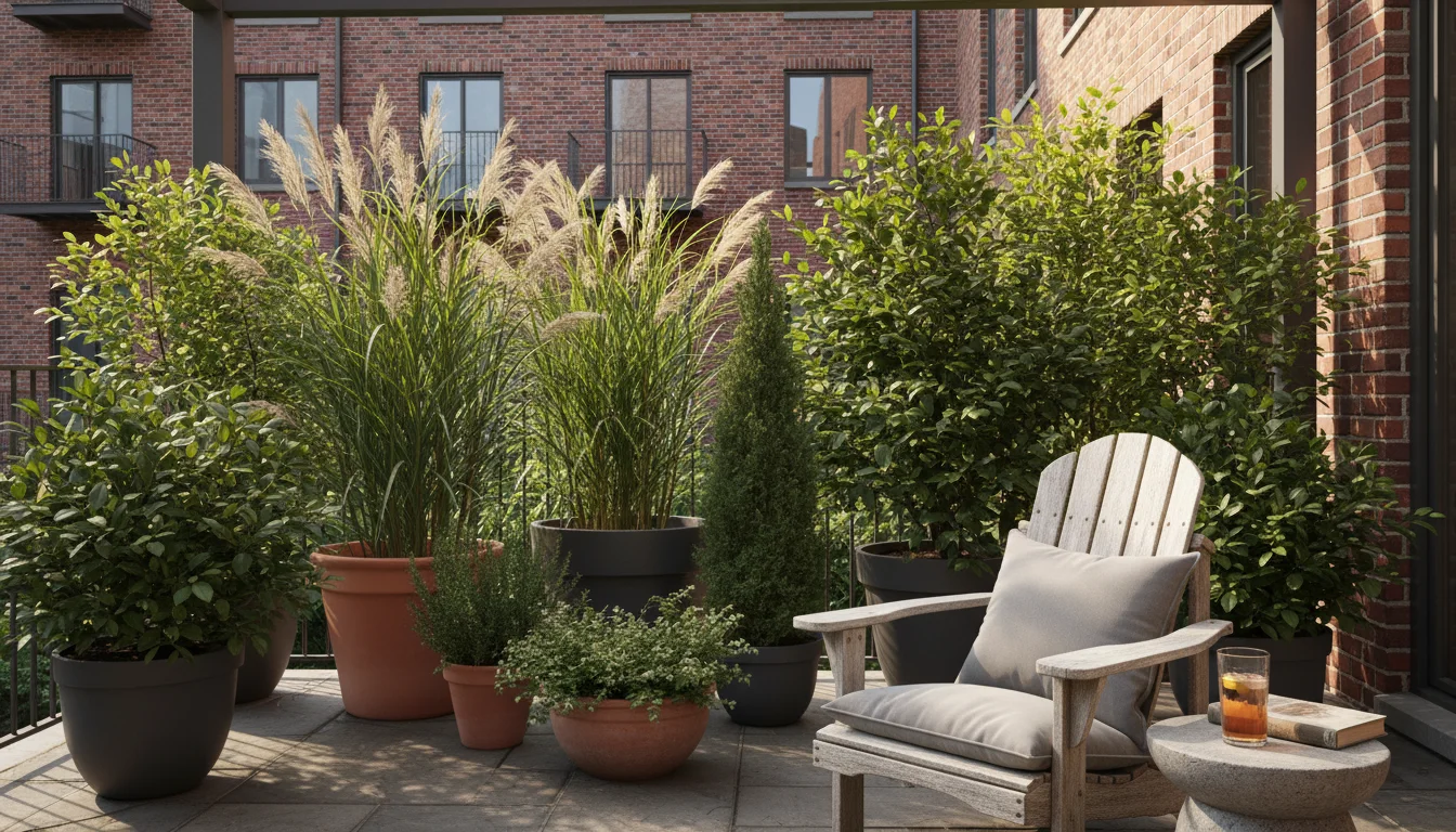 A dense living privacy screen on an urban patio, created by tall ornamental grasses, a conifer, and shrubs in terracotta and dark grey pots.