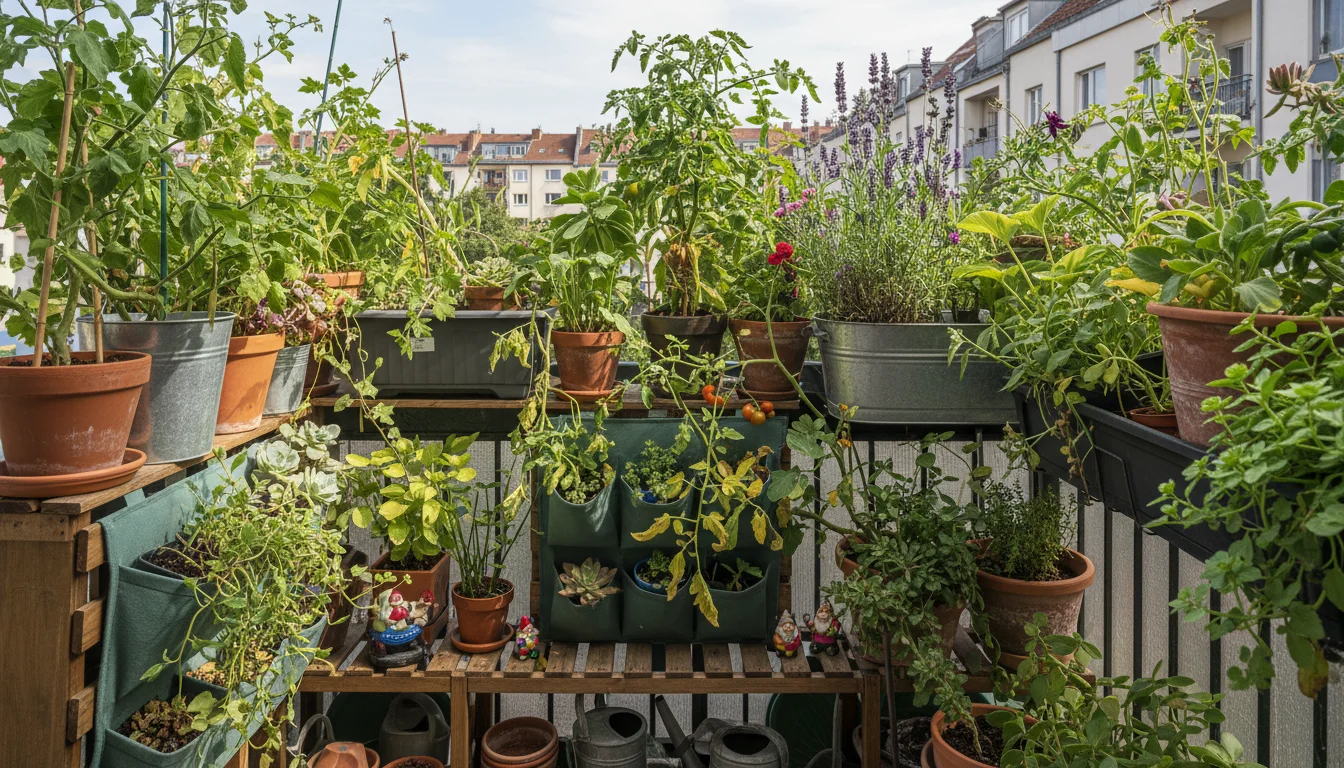 Dense, overcrowded balcony garden with various potted plants showing signs of stress like yellow leaves, filling every inch of space.
