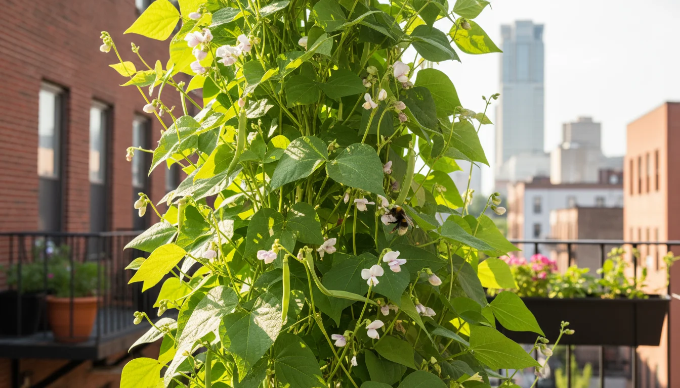 Dense pole bean curtain on a sunny urban balcony with white and purple flowers, developing pods, and a bumblebee on a bloom.