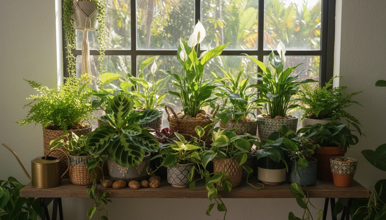 Densely clustered vibrant houseplants, including ferns, a prayer plant, and a peace lily, on a narrow wooden shelf.