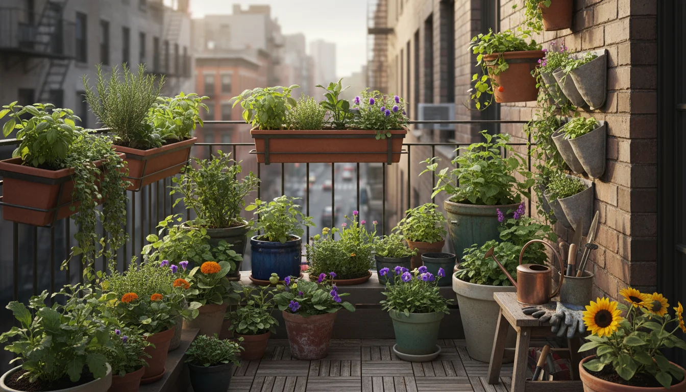 Densely packed, impeccably organized container garden on a small urban balcony, featuring diverse pots, herbs, flowers, and vertical planters.