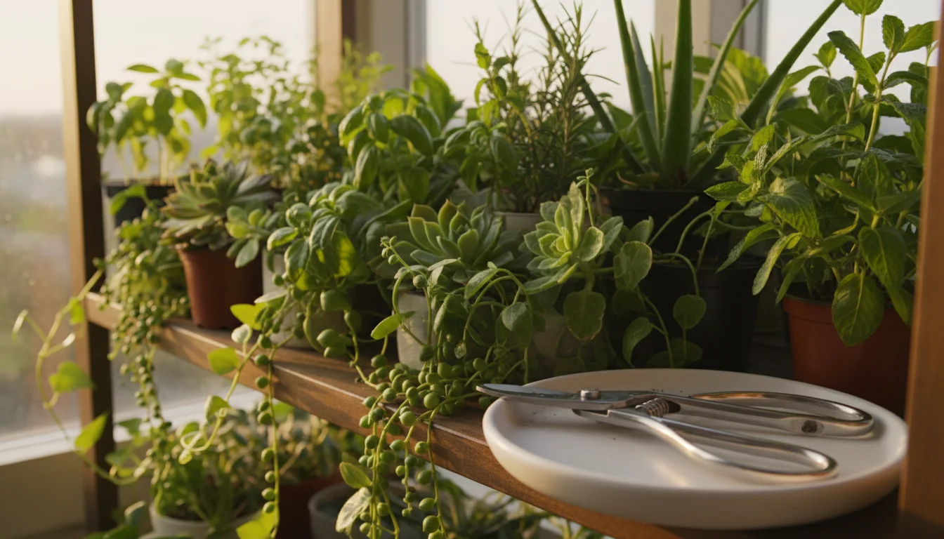 Densely packed indoor plant shelf with various potted herbs, succulents, and trailing plants. Gleaming gardening snips rest in the foreground.