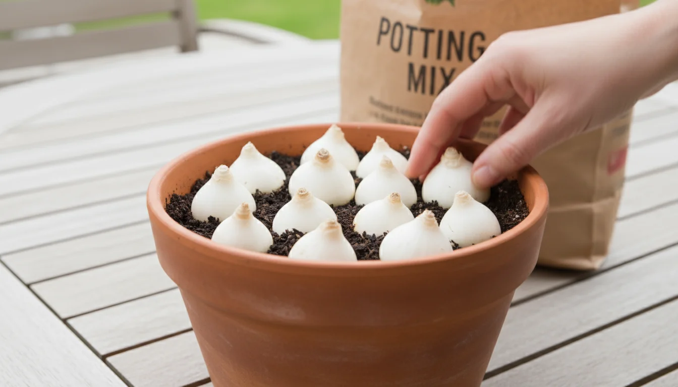 Densely packed white paperwhite bulbs are arranged pointed side up in a terracotta pot on a patio table. A hand places the last bulb.