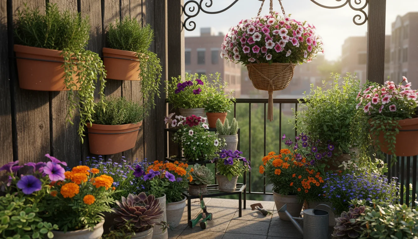 A densely planted corner of an urban balcony featuring wall-mounted planters, a tiered plant stand, and a hanging basket, maximizing vertical space.