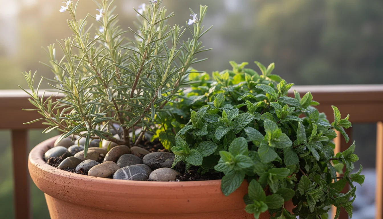 Densely planted terracotta pot on a balcony with robust rosemary, cascading mint, and smooth river stones on the soil surface.